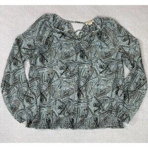 Lucky Brand Boho Blouse Women's Large Blue Abstract Geometric Print Sheer